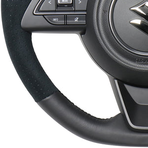 REAL ORIGINAL SERIES SOFT D SHAPE BLACK LEATHER & BLACK ULTRA SUEDE BLACK EURO STITCH STEERING WHEEL FOR SUZUKI SWIFT SPORT ZC33S  SZA-ALC-BK