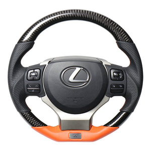 REAL LEXUS SERIES D SHAPE BLACK CARBON & ORANGE LEATHER ORANGE X BLACK EURO STITCH STEERING WHEEL FOR LEXUS CT 10 : 3 TYPE  LXB-BKC-OR