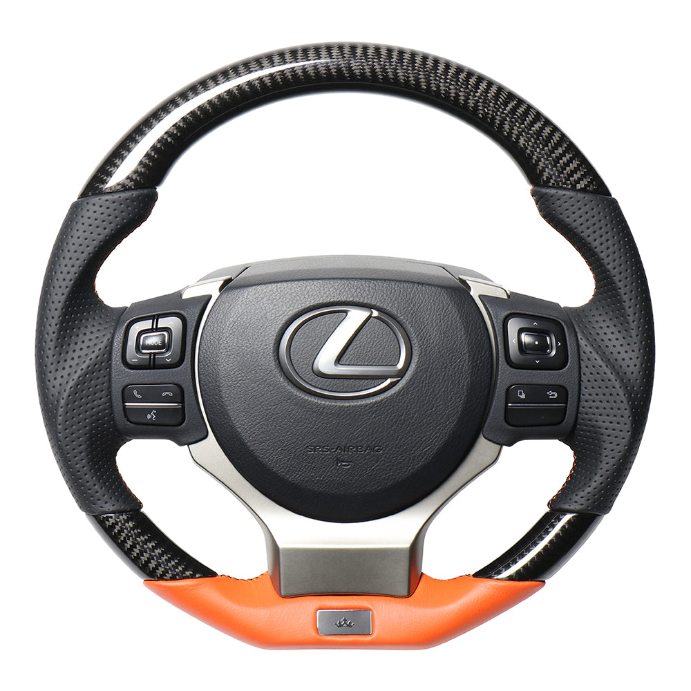 REAL LEXUS SERIES D SHAPE BLACK CARBON & ORANGE LEATHER ORANGE X BLACK EURO STITCH STEERING WHEEL FOR LEXUS IS 30 : KOUKI  LXB-BKC-OR
