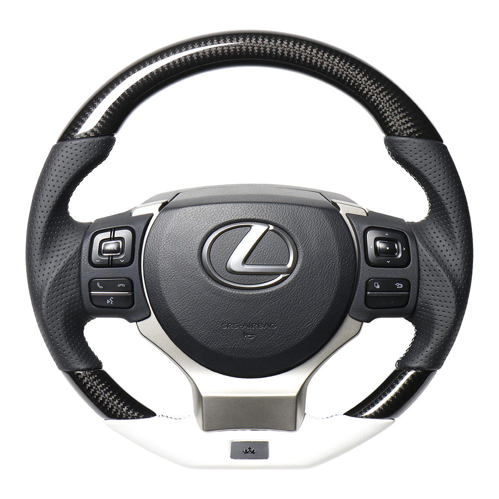 REAL LEXUS SERIES D SHAPE BLACK CARBON & WHITE LEATHER WHITE X BLACK EURO STITCH STEERING WHEEL FOR LEXUS CT 10 : 3 TYPE  LXB-BKC-WH