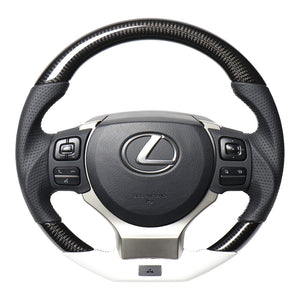 REAL LEXUS SERIES D SHAPE BLACK CARBON & WHITE LEATHER WHITE X BLACK EURO STITCH STEERING WHEEL FOR LEXUS IS 30 : KOUKI  LXB-BKC-WH