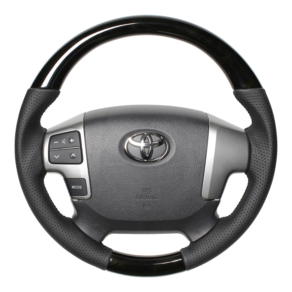 REAL ORIGINAL SERIES GUN GRIP SMALL DIAMETER ROUND SHAPE BLACK WOOD BLACK EURO STITCH STEERING WHEEL FOR TOYOTA HIACE 200 : 4 TYPE OR KOUKI  H214-BKW-BK