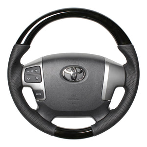 REAL ORIGINAL SERIES GUN GRIP SMALL DIAMETER ROUND SHAPE BLACK WOOD BLACK EURO STITCH STEERING WHEEL FOR TOYOTA HIACE 200 : 4 TYPE OR KOUKI  H214-BKW-BK