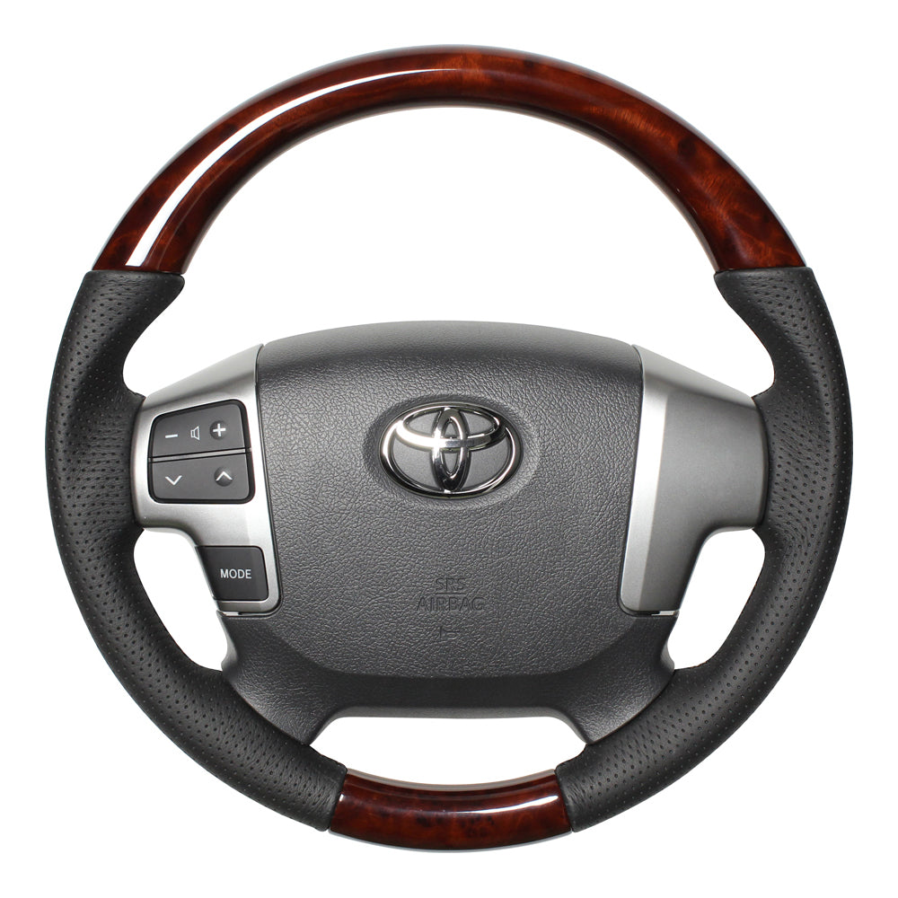 REAL ORIGINAL SERIES GUN GRIP SMALL DIAMETER ROUND SHAPE BROWN WOOD BLACK EURO STITCH STEERING WHEEL FOR TOYOTA REGIUS ACE 200 : 4 TYPE OR KOUKI  H214-BRW-BK