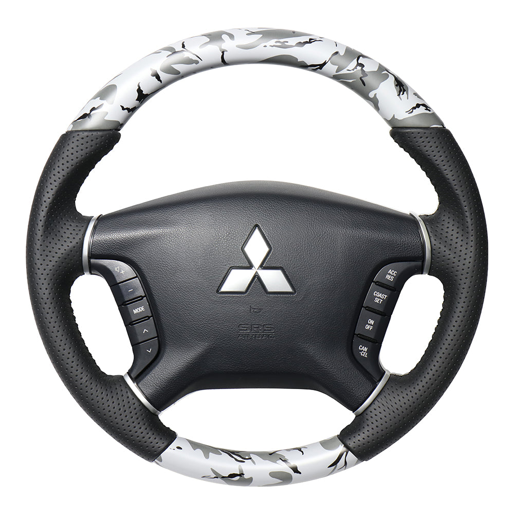 REAL ORIGINAL SERIES ROUND SHAPE GRAY CAMOUFLAGE PRINT BLACK STITCH STEERING WHEEL FOR MITSUBISHI PAJERO V8 W V9 W  D5-GRT-BK