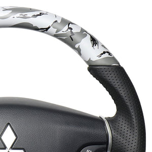 REAL ORIGINAL SERIES ROUND SHAPE GRAY CAMOUFLAGE PRINT BLACK STITCH STEERING WHEEL FOR MITSUBISHI PAJERO V8 W V9 W  D5-GRT-BK