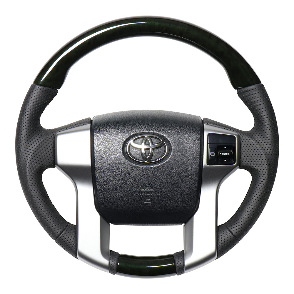 REAL ORIGINAL SERIES GUN GRIP GENUINE SAME DIAMETER ROUND SHAPE 277A BLACK WOOD PRINT BLACK EURO STITCH STEERING WHEEL FOR TOYOTA LAND CRUISER PRADO 150 : ZENKI MID  J150G-BKW-BK