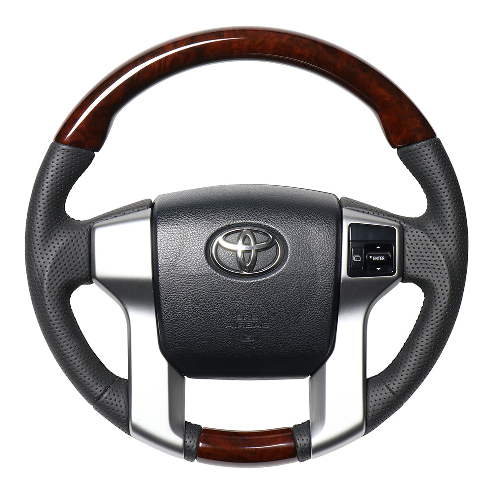 REAL ORIGINAL SERIES GUN GRIP GENUINE SAME DIAMETER ROUND SHAPE 155A BROWN WOOD PRINT BLACK EURO STITCH STEERING WHEEL FOR TOYOTA LAND CRUISER PRADO 150 : ZENKI MID  J150G-BRW-BK
