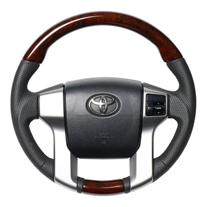 REAL ORIGINAL SERIES GUN GRIP GENUINE SAME DIAMETER ROUND SHAPE 155A BROWN WOOD PRINT BLACK EURO STITCH STEERING WHEEL FOR TOYOTA LAND CRUISER PRADO 150 : ZENKI MID  J150G-BRW-BK
