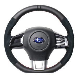 REAL ORIGINAL SERIES D SHAPE BLACK LEATHER CENTER MARK & BLACK ULTRA SUEDE RED X BLACK EURO STITCH STEERING WHEEL FOR SUBARU WRX S4 VAG  SBA-ALC-RD