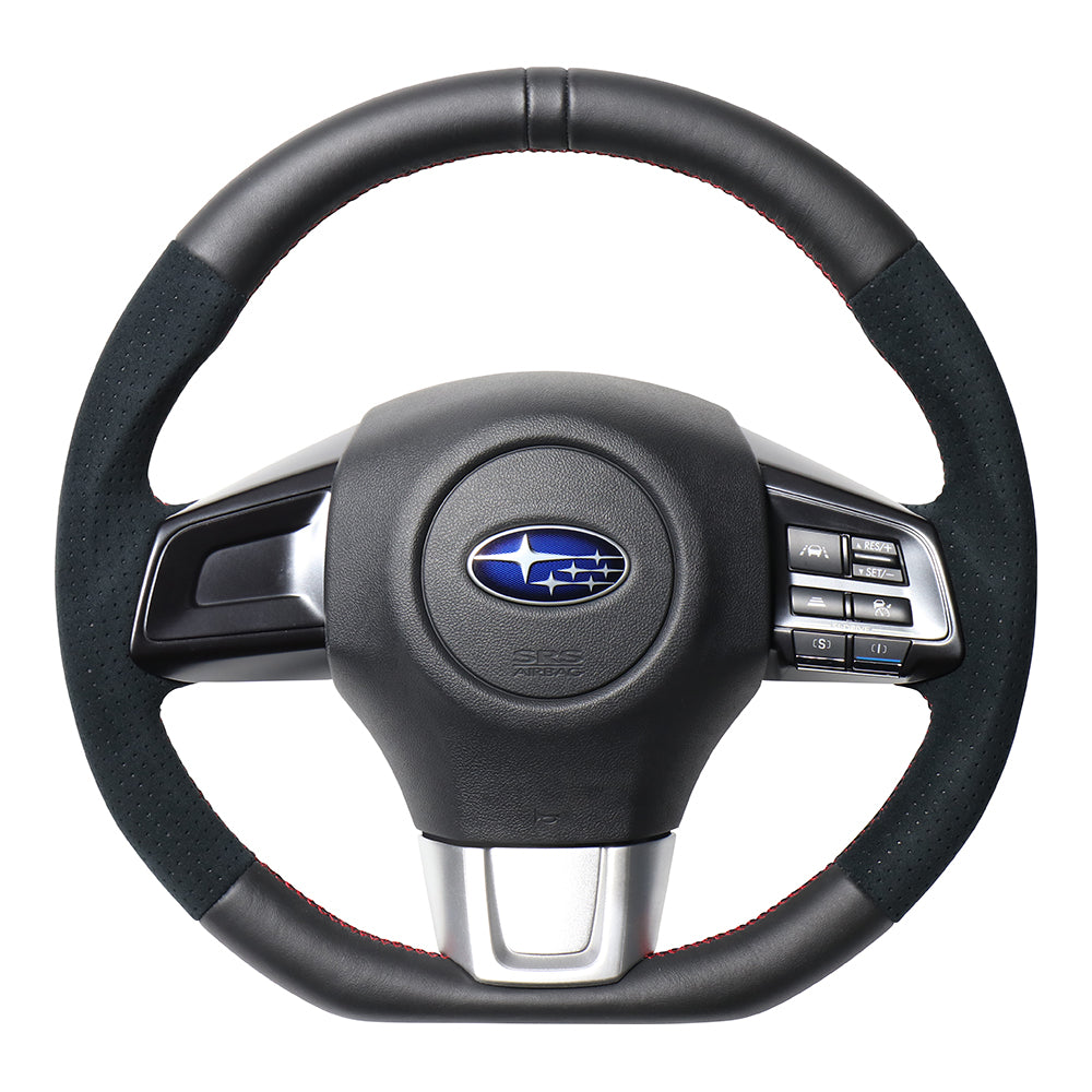 REAL ORIGINAL SERIES D SHAPE BLACK LEATHER CENTER MARK & BLACK ULTRA SUEDE RED X BLACK EURO STITCH STEERING WHEEL FOR SUBARU LEVORG VM4 VMG  SBA-ALC-RD