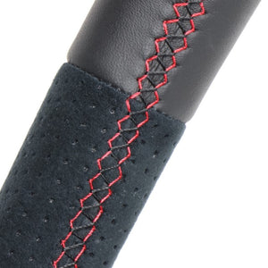 REAL ORIGINAL SERIES D SHAPE BLACK LEATHER CENTER MARK & BLACK ULTRA SUEDE RED X BLACK EURO STITCH STEERING WHEEL FOR SUBARU LEVORG VM4 VMG  SBA-ALC-RD