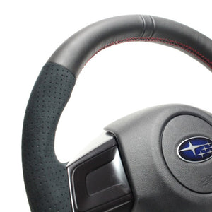 REAL ORIGINAL SERIES D SHAPE BLACK LEATHER CENTER MARK & BLACK ULTRA SUEDE RED X BLACK EURO STITCH STEERING WHEEL FOR SUBARU LEVORG VM4 VMG  SBA-ALC-RD