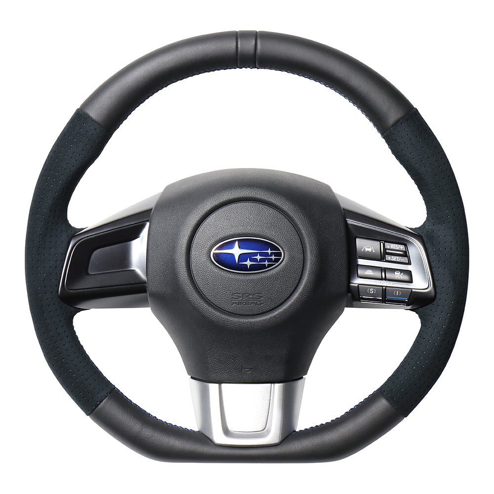 REAL ORIGINAL SERIES D SHAPE BLACK LEATHER CENTER MARK & BLACK ULTRA SUEDE BLUE X BLACK EURO STITCH STEERING WHEEL FOR SUBARU LEVORG VM4 VMG  SBA-ALC-BL