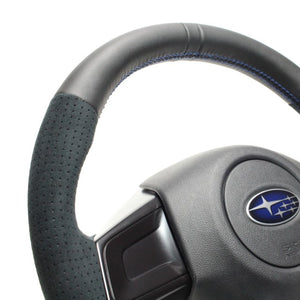 REAL ORIGINAL SERIES D SHAPE BLACK LEATHER CENTER MARK & BLACK ULTRA SUEDE BLUE X BLACK EURO STITCH STEERING WHEEL FOR SUBARU WRX S4 VAG  SBA-ALC-BL