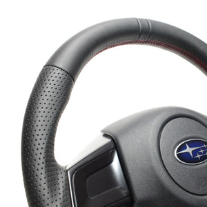 REAL ORIGINAL SERIES D SHAPE ALL LEATHER CENTER MARK RED X BLACK EURO STITCH STEERING WHEEL FOR SUBARU LEVORG VM4 VMG  SBA-LPB-RD
