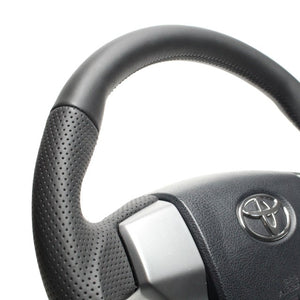REAL ORIGINAL SERIES GUN GRIP GENUINE SAME DIAMETER ROUND SHAPE ALL LEATHER BLACK EURO STITCH STEERING WHEEL FOR TOYOTA LAND CRUISER PRADO 150 : ZENKI MID  J150G-LPB-BK