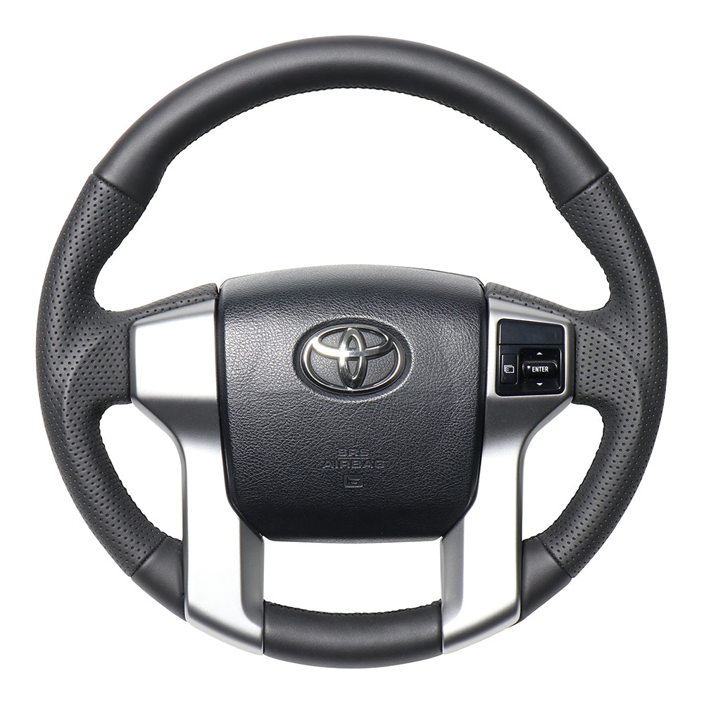 REAL ORIGINAL SERIES GUN GRIP GENUINE SAME DIAMETER ROUND SHAPE ALL LEATHER BLACK EURO STITCH STEERING WHEEL FOR TOYOTA LAND CRUISER PRADO 150 : ZENKI MID  J150G-LPB-BK