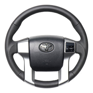 REAL ORIGINAL SERIES GUN GRIP GENUINE SAME DIAMETER ROUND SHAPE ALL LEATHER BLACK EURO STITCH STEERING WHEEL FOR TOYOTA LAND CRUISER PRADO 150 : ZENKI MID  J150G-LPB-BK