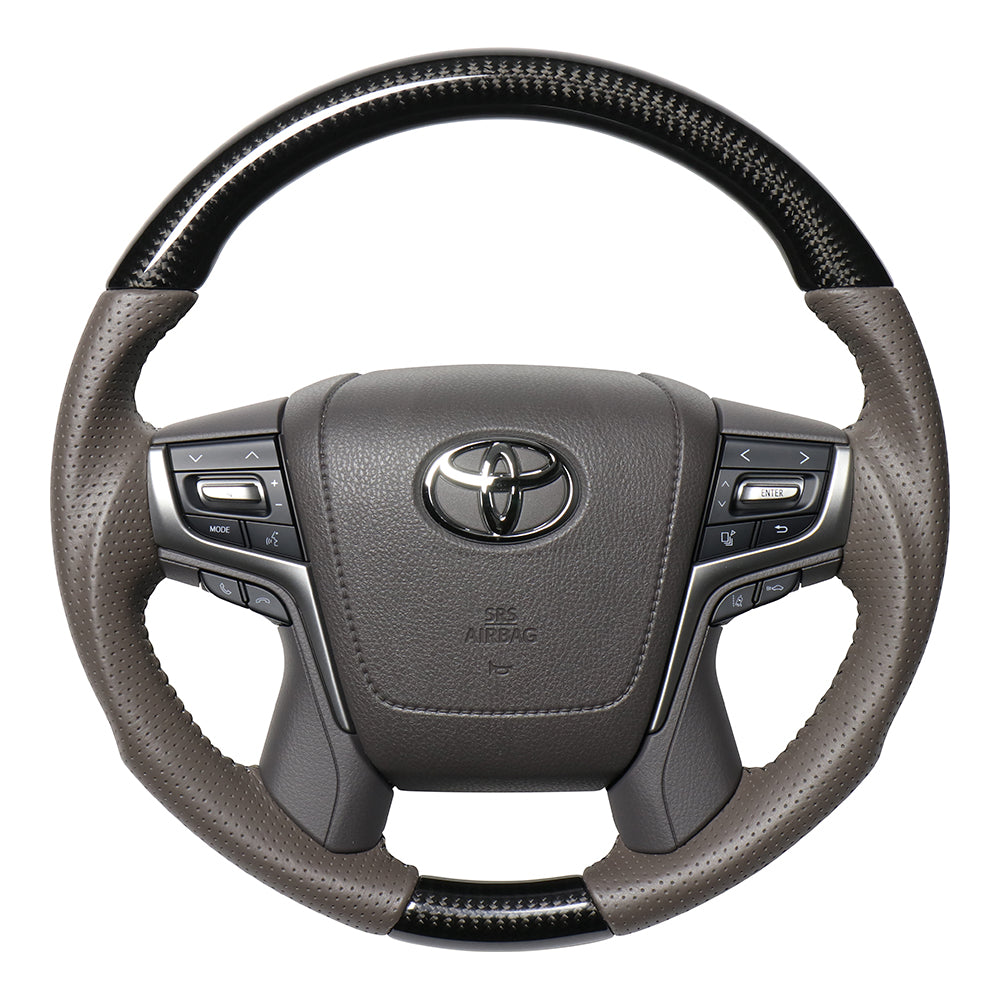 REAL ORIGINAL SERIES ROUND SHAPE BLACK CARBON & DARK GREIGE LEATHER GRAY STITCH STEERING WHEEL FOR TOYOTA LAND CRUISER PRADO 150 : KOUKI  H30G-BKC-GL