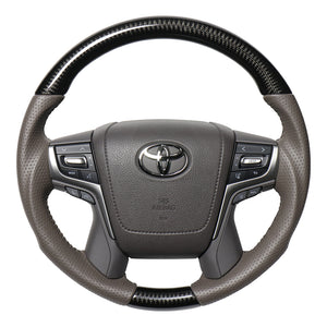 REAL ORIGINAL SERIES ROUND SHAPE BLACK CARBON & DARK GREIGE LEATHER GRAY STITCH STEERING WHEEL FOR TOYOTA LAND CRUISER PRADO 150 : KOUKI  H30G-BKC-GL