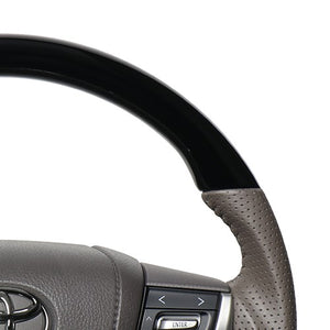 REAL ORIGINAL SERIES ROUND SHAPE PIANO BLACK & DARK GREIGE LEATHER GRAY STITCHING STEERING WHEEL FOR TOYOTA LAND CRUISER PRADO 150 : KOUKI  H30G-PBW-GL