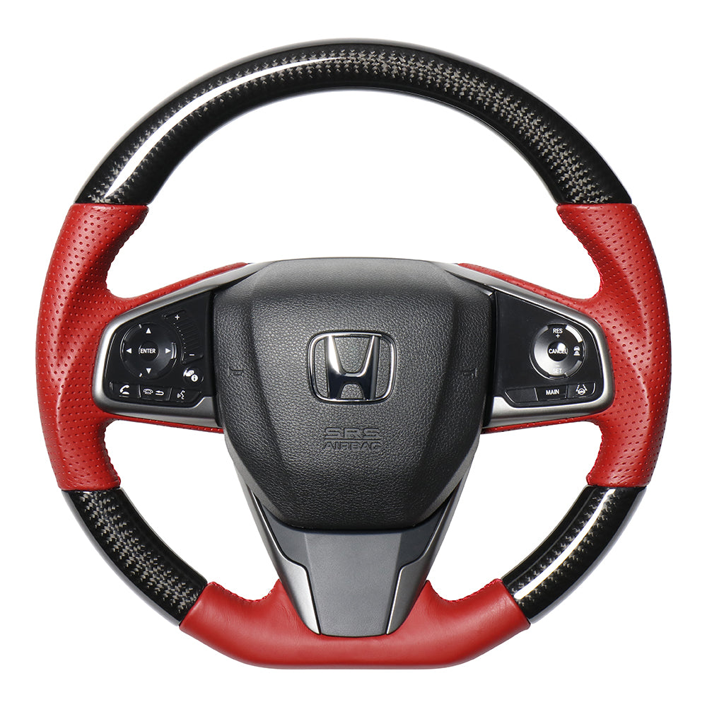 REAL ORIGINAL SERIES SOFT D SHAPE BLACK CARBON & RED LEATHER RED EURO STITCH STEERING WHEEL FOR HONDA CIVIC HATCHBACK FK7 HNB-BKC-RD