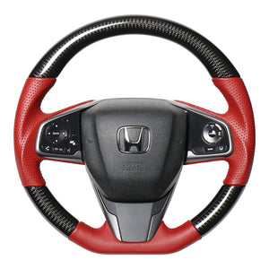 REAL ORIGINAL SERIES SOFT D SHAPE BLACK CARBON & RED LEATHER RED EURO STITCH STEERING WHEEL FOR HONDA CIVIC HATCHBACK FK7 HNB-BKC-RD