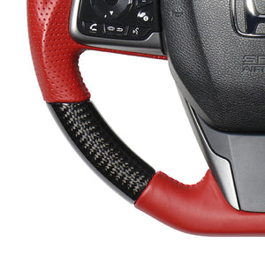 REAL ORIGINAL SERIES SOFT D SHAPE BLACK CARBON & RED LEATHER RED EURO STITCH STEERING WHEEL FOR HONDA CIVIC HATCHBACK FK7 HNB-BKC-RD