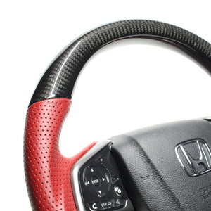 REAL ORIGINAL SERIES SOFT D SHAPE BLACK CARBON & RED LEATHER RED EURO STITCH STEERING WHEEL FOR HONDA CIVIC HATCHBACK FK7 HNB-BKC-RD