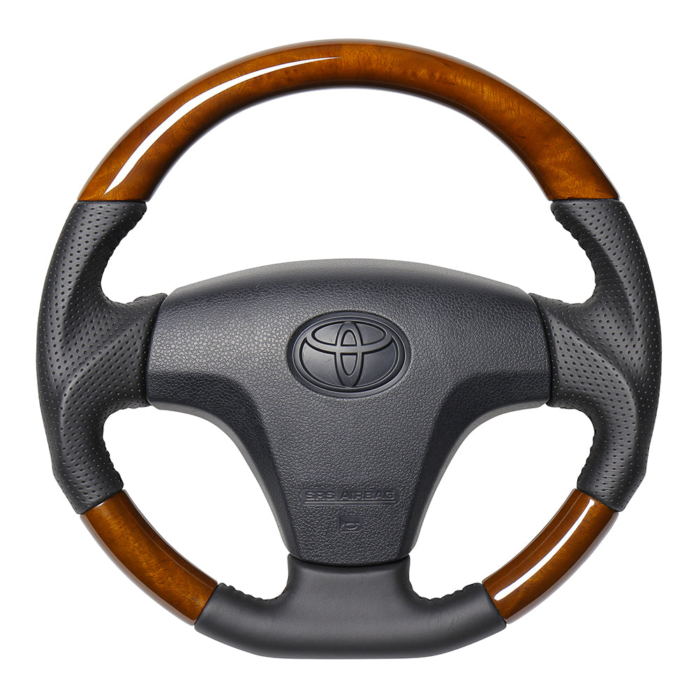 REAL ORIGINAL SERIES SOFT D SHAPE 42 BROWN WOOD BLACK STITCH STEERING WHEEL FOR TOYOTA PIXIS TRUCK S500U:ZENKI 510U:ZENKI  TYB-42BRW-BK