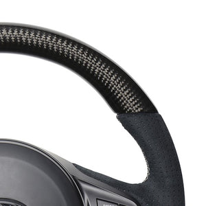 REAL PREMIUM SERIES D SHAPE BLACK CARBON & BLACK ULTRA SUEDE SILVER EURO STITCH STEERING WHEEL FOR TOYOTA SUPRA DB TYPE  TYCP-ALC-BKC