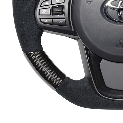 REAL PREMIUM SERIES D SHAPE BLACK CARBON & BLACK ULTRA SUEDE SILVER EURO STITCH STEERING WHEEL FOR TOYOTA SUPRA DB TYPE  TYCP-ALC-BKC