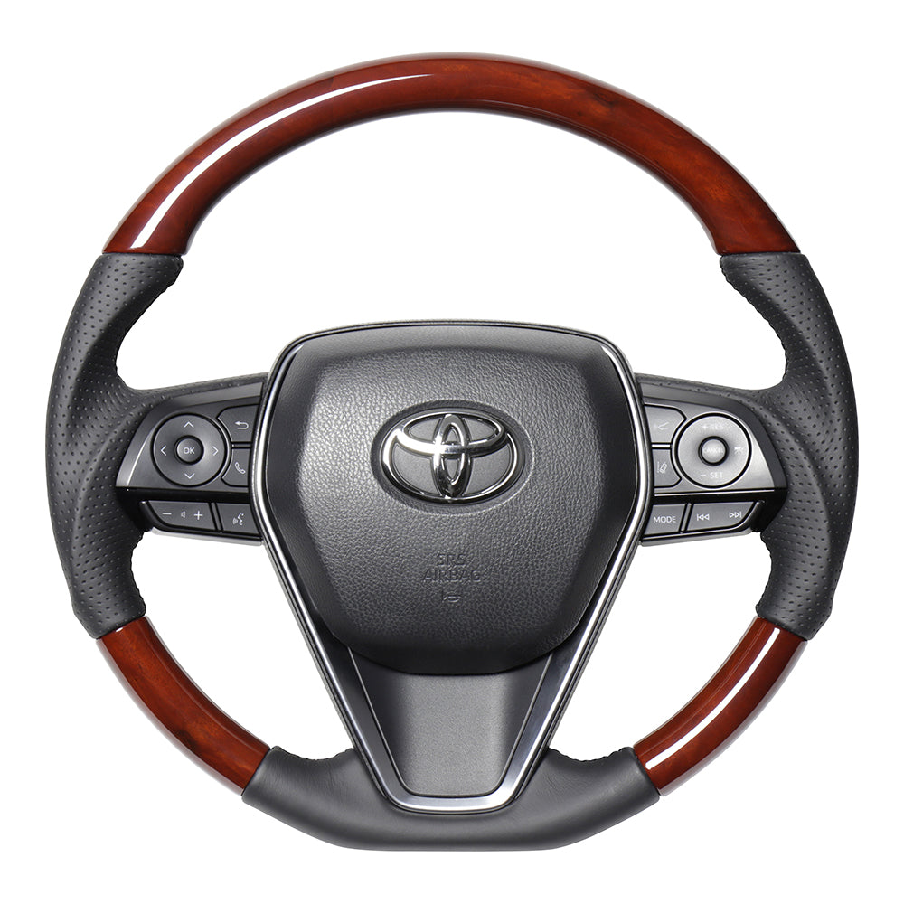 REAL PREMIUM SERIES SOFT D SHAPE BROWN WOOD BLACK EURO STITCH STEERING WHEEL FOR TOYOTA HARRIER 80  TYFP-BRW