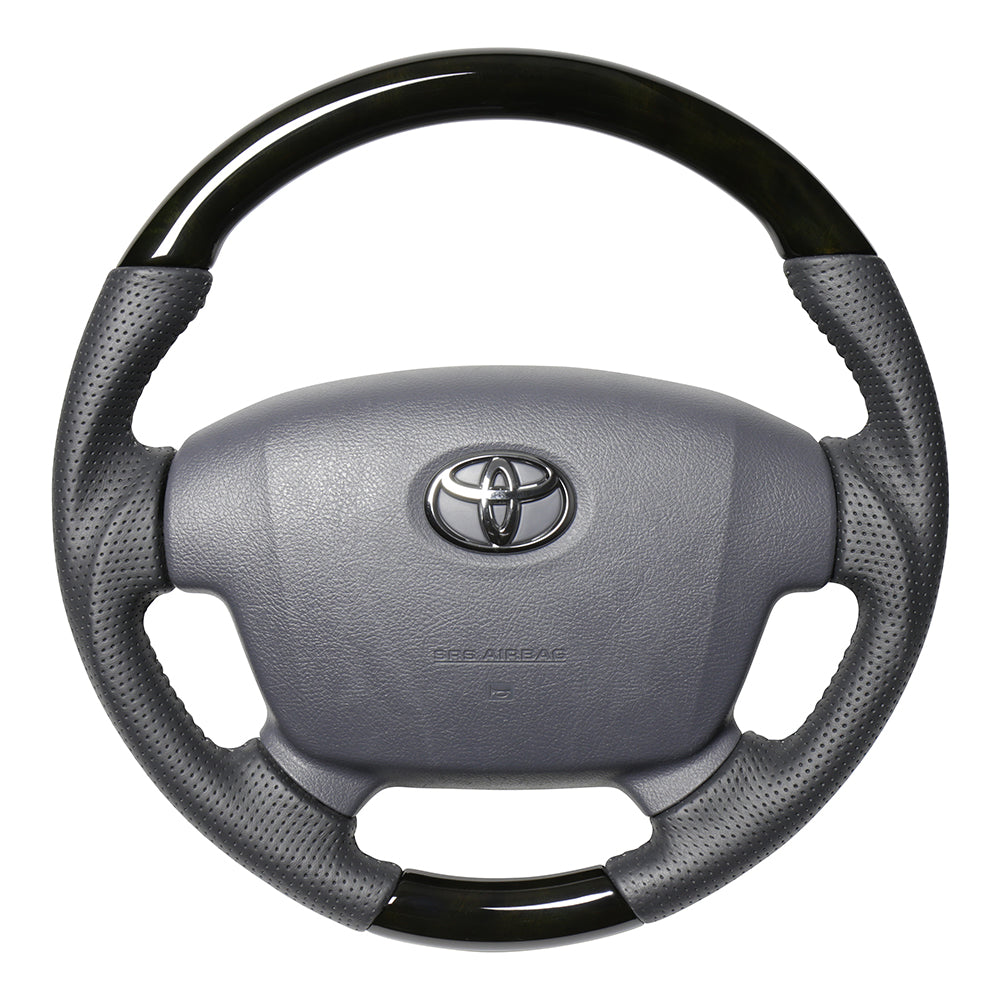 REAL PREMIUM SERIES ROUND SHAPE BLACK WOOD GRAY STITCH STEERING WHEEL FOR TOYOTA LAND CRUISER 70  H204P-BKW-70