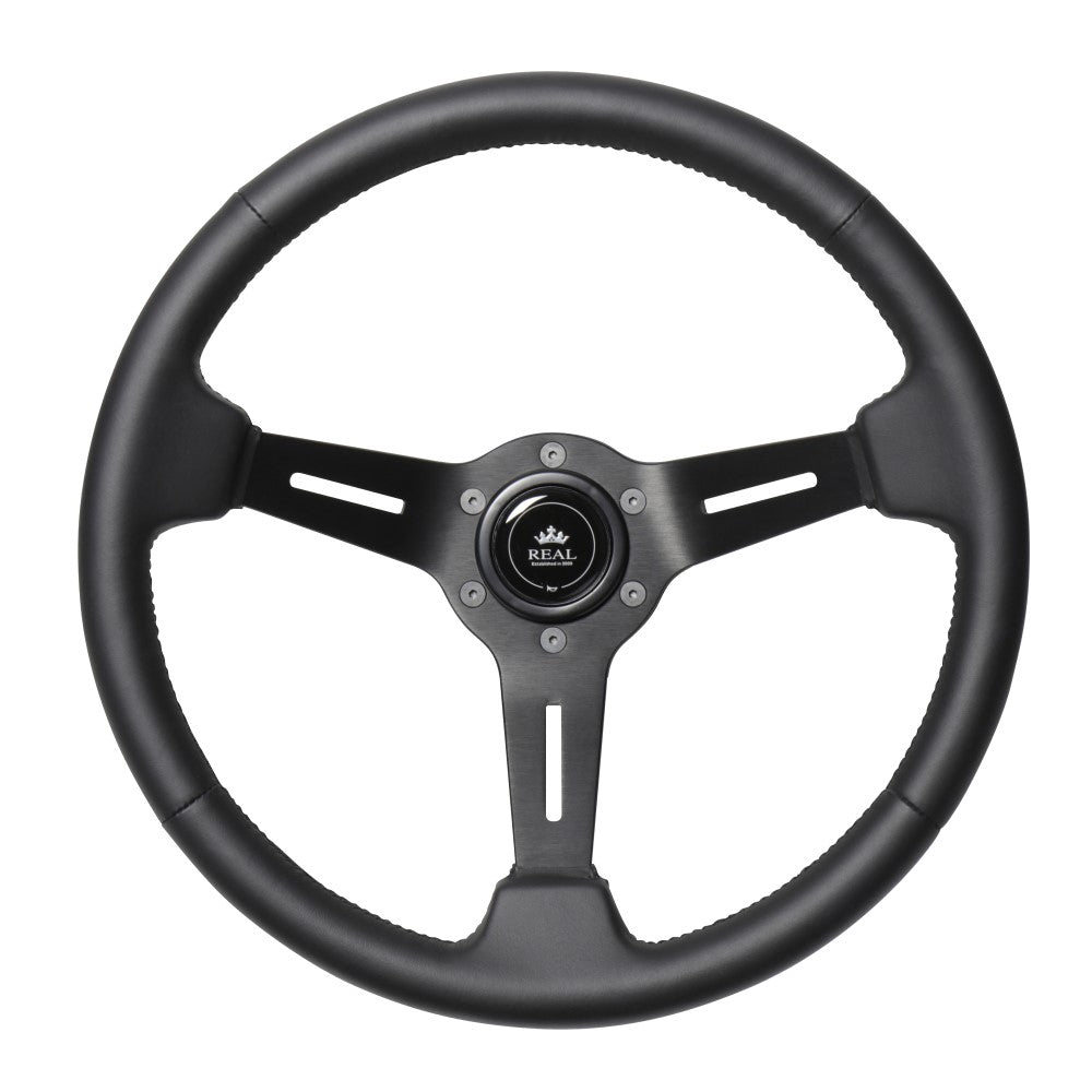 REAL REAL SPORT DEEP TYPE ALL LEATHER BLACK EURO STITCH STEERING WHEEL RSS340-8-LPB