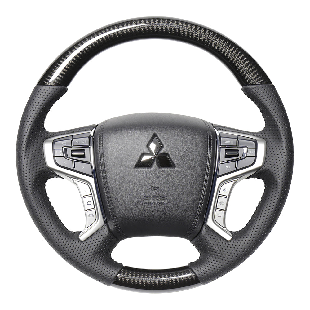 REAL ORIGINAL SERIES ROUND SHAPE BLACK CARBON BLACK STITCH STEERING WHEEL FOR MITSUBISHI DELICA D:5 CV W:LATE  MTA-BKC