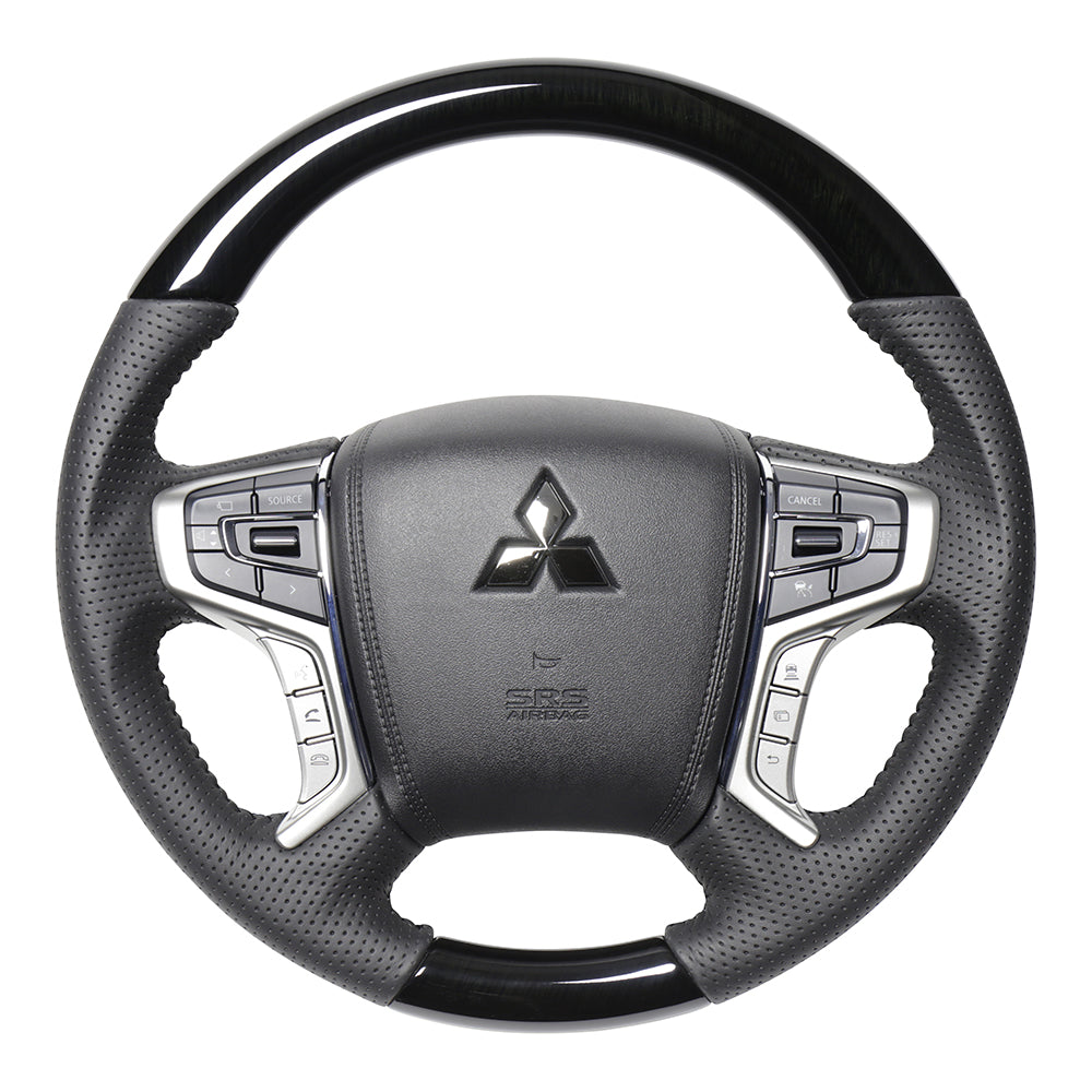 REAL ORIGINAL SERIES ROUND SHAPE 38B BLACK WOOD BLACK STITCH STEERING WHEEL FOR MITSUBISHI DELICA D:5 CV W:LATE  MTA-38BBKW