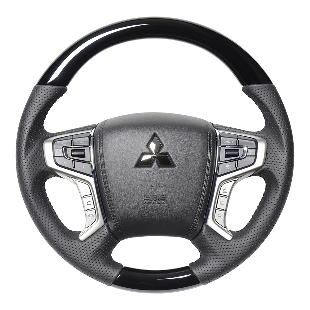 REAL ORIGINAL SERIES ROUND SHAPE PIANO BLACK BLACK STITCH STEERING WHEEL FOR MITSUBISHI DELICA D:5 CV W:LATE  MTA-PBW