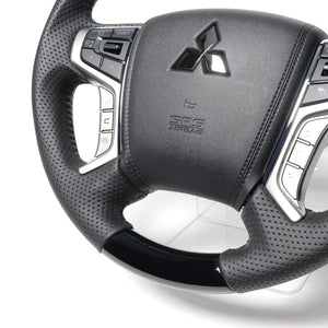 REAL ORIGINAL SERIES ROUND SHAPE PIANO BLACK BLACK STITCH STEERING WHEEL FOR MITSUBISHI DELICA D:5 CV W:LATE  MTA-PBW