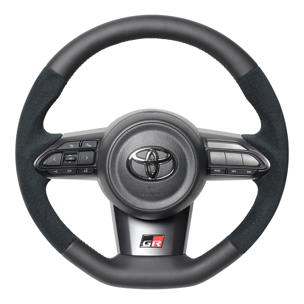 REAL ORIGINAL SERIES SOFT D SHAPE BLACK LEATHER & BLACK ULTRA SUEDE SILVER X BLACK EURO STITCH STEERING WHEEL FOR TOYOTA GR COROLLA GZEA14H  TYI-ALC-SL