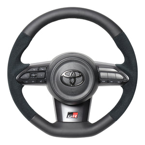 REAL ORIGINAL SERIES SOFT D SHAPE BLACK LEATHER & BLACK ULTRA SUEDE SILVER X BLACK EURO STITCH STEERING WHEEL FOR TOYOTA GR YARIS GXPA16 MXPA12 TYI-ALC-SL