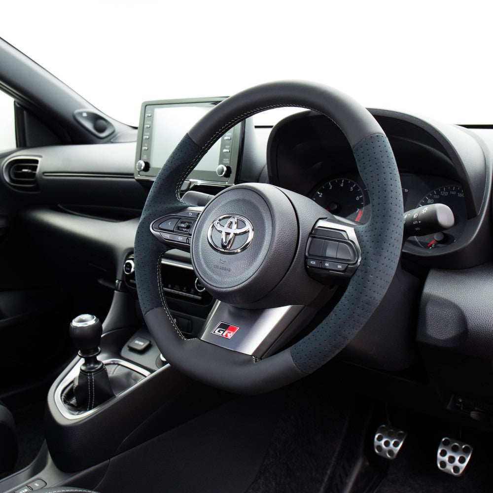 REAL ORIGINAL SERIES SOFT D SHAPE BLACK LEATHER & BLACK ULTRA SUEDE SILVER X BLACK EURO STITCH STEERING WHEEL FOR TOYOTA GR YARIS GXPA16 MXPA12 TYI-ALC-SL