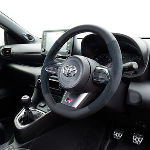 REAL ORIGINAL SERIES SOFT D SHAPE BLACK LEATHER & BLACK ULTRA SUEDE SILVER X BLACK EURO STITCH STEERING WHEEL FOR TOYOTA GR YARIS GXPA16 MXPA12 TYI-ALC-SL