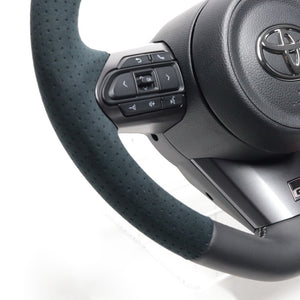 REAL ORIGINAL SERIES SOFT D SHAPE BLACK LEATHER & BLACK ULTRA SUEDE SILVER X BLACK EURO STITCH STEERING WHEEL FOR TOYOTA GR YARIS GXPA16 MXPA12 TYI-ALC-SL