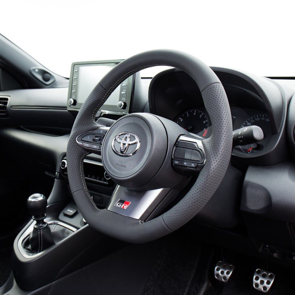 REAL ORIGINAL SERIES SOFT D SHAPE ALL LEATHER SILVER X BLACK EURO STITCH STEERING WHEEL FOR TOYOTA GR YARIS GXPA16 MXPA12 TYI-LPB-SL