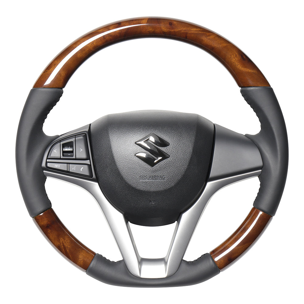 REAL ORIGINAL SERIES SOFT D SHAPE 42 BROWN WOOD BLACK STITCH STEERING WHEEL FOR SUZUKI SPACIA MK53S  SZC-42BRW-BK