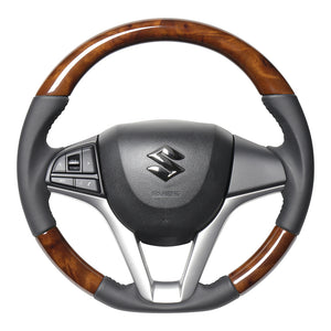 REAL ORIGINAL SERIES SOFT D SHAPE 42 BROWN WOOD BLACK STITCH STEERING WHEEL FOR SUZUKI SPACIA MK53S  SZC-42BRW-BK