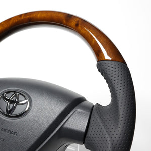 REAL ORIGINAL SERIES SOFT D SHAPE 42 BROWN WOOD BLACK STITCH STEERING WHEEL FOR DAIHATSU MIRA ES LA350S LA360S  DIA-42BRW-BK