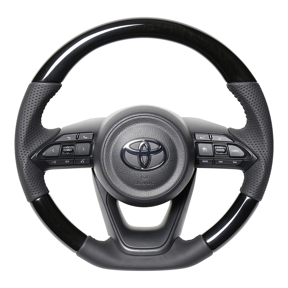 REAL ORIGINAL SERIES D SHAPE 38B BLACK WOOD BLACK STITCH STEERING WHEEL FOR TOYOTA AQUA MXPK10  TYJ-38BBKW